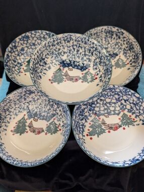 THOMPSON Holiday Cabin Snowflake Ceramic Serving Bowls - Blue and Green